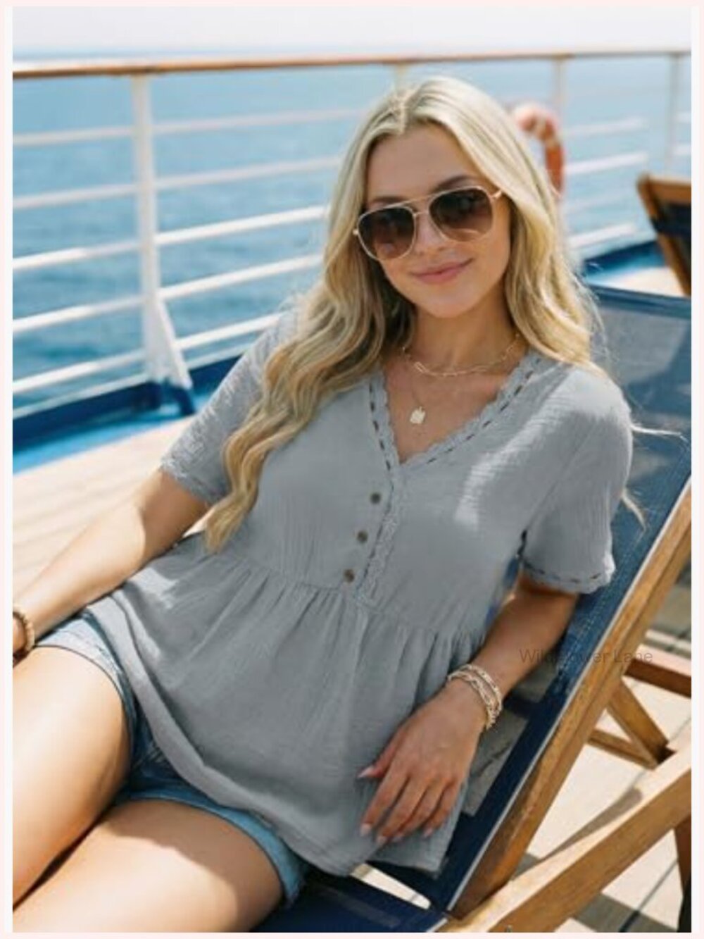 Lace Trim V Neck Short Sleeve Tunic Blouse Peplum Top - Picture 4 of 6